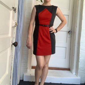 Color Blocked Red Orange and Gray Pencil Dress